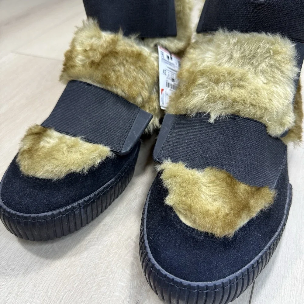 NEW‎ ZARA Faux Fur Lined High Top Cozy Shoes Mens US 9 EU 42 Black Hook Slip On